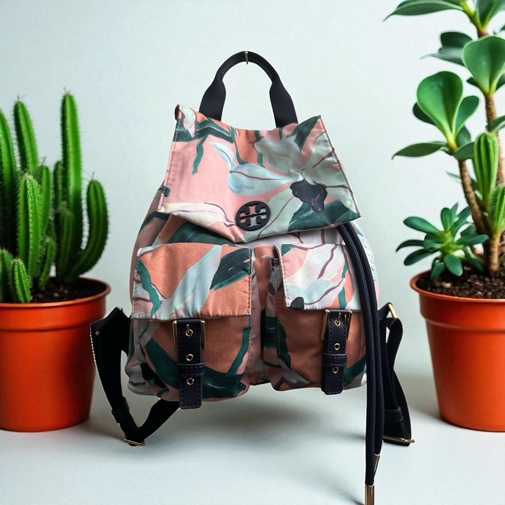 TORY BURCH Floral Tilda printed nylon flap backpack Peach/Pink/Green NWOT